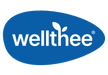 The Wellthee brand logo, featuring the word 'wellthee' in white lowercase letters with a small leaf graphic above the 'i', set against a blue abstract shape on a white background.